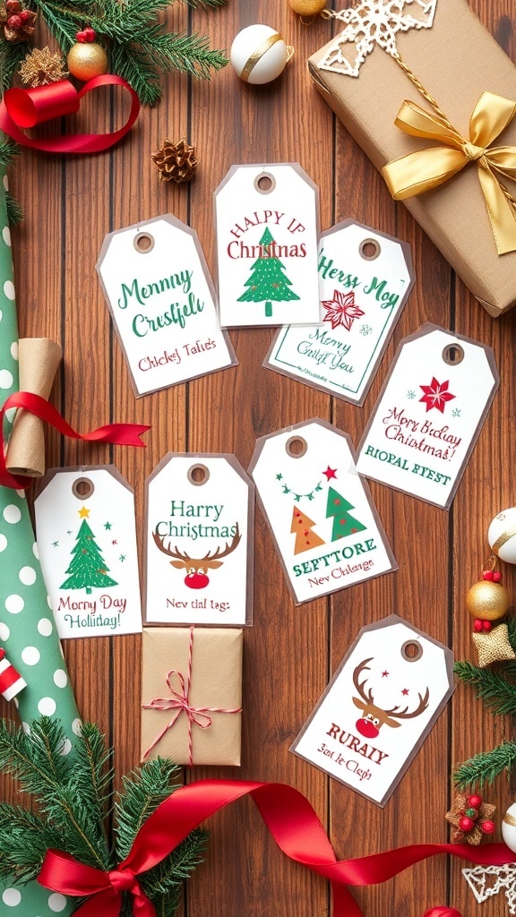Printable Christmas Gift Tags Printable Christmas gift tags with festive designs on a wooden table with wrapping supplies.